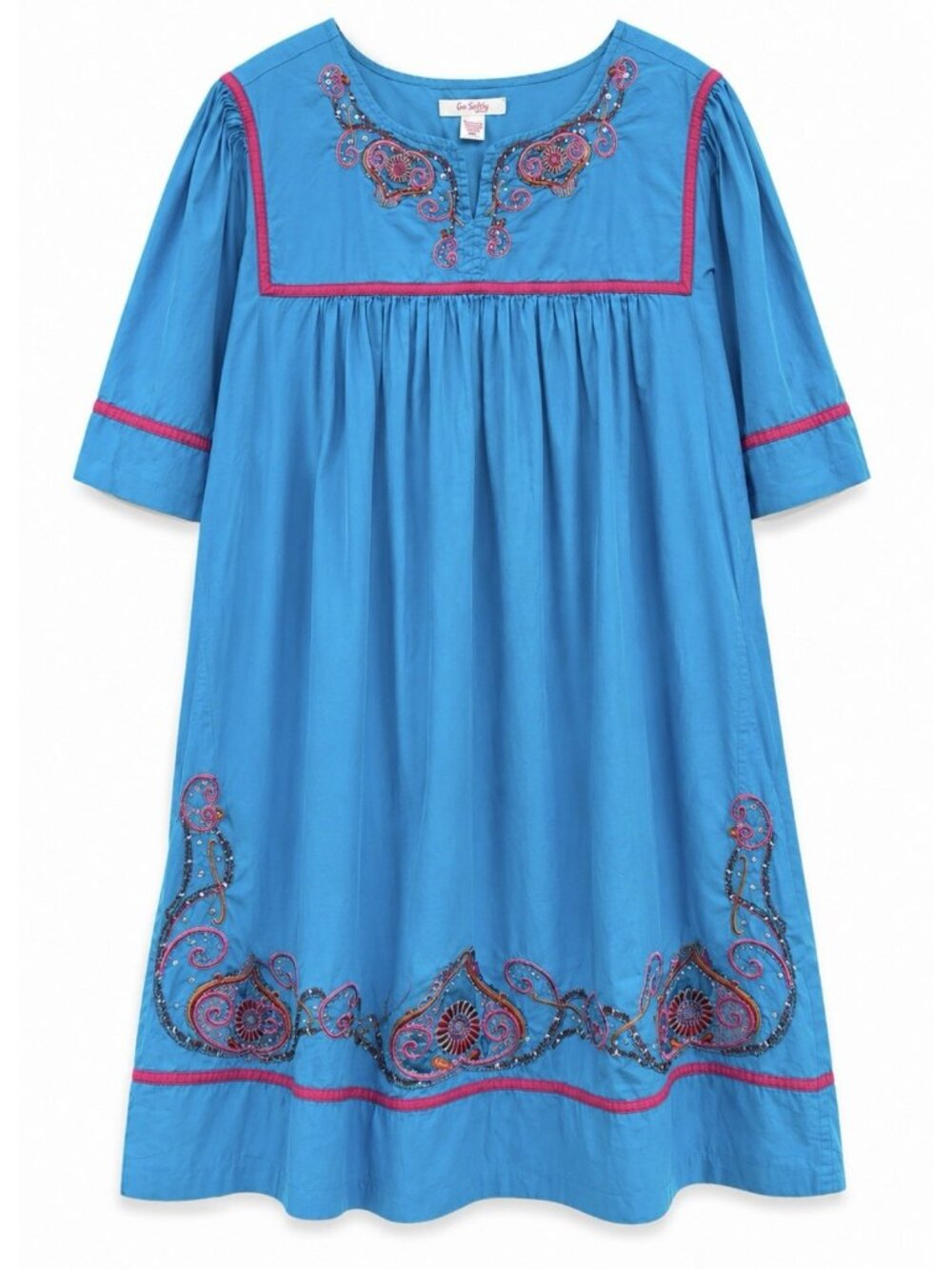 Go Softly Patio Dress Women Large Blue Cotton Embroidered Paisley Floral Beaded